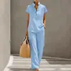Conjunto cruzado europeo y americano para mujer, estilo casual perezoso, cárdigan de manga corta y pantalones largos, color liso