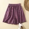 Pantalones Cortos de Pierna Ancha con Diseño de Hongos de Algodón y Lino para Mujer Verano 2024 Nuevo Estilo Literario Retro Sueltos Casuales de Longitud Media