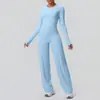 Conjunto de Roupa de Yoga Dupla Face Escovada Cor Sólida Ajustado para Treinamento Manga Longa Perna Larga para Esportes, Corrida e Fitness Conjunto de Duas Peças