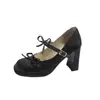 Zapatos Mary Jane Negros de Estilo Francés con una Sola Correa, Tacones Altos de Punta Cuadrada, Boca Baja, Moño y Tacón Grueso