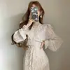 Vestido Longo de Chiffon com Gola V Floral Retro Francês, Mangas Bufantes, Amarração na Cintura, Novo para Primavera e Outono de 2026