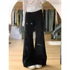 Calça jeans boca de sino não apertada estilo workwear preto para mulheres, novo modelo de outono, plus size, cintura alta, multi-bolsos, perna larga