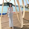 Vestido de Verano Impresionante con Retazos de Malla Estilo Francés, Vestido Largo para Mujer, Corte Ajustado, Ligeramente Transparente, Sexy, que se Ajusta a la Cadera, Vestido de un Hombro