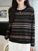 Suéter tejido Fair Isle retro de lana fina, diseño jacquard clásico, cuello redondo, ropa versátil para mujer de otoño/invierno
