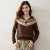 Suéter Jacquard Fair Isle Retro de Cachemira con Media Cremallera para Mujer, Doble Hilo, Cuello Alto de Doble Vuelta, Hilo Jaspeado, Suéter de Punto Pullover