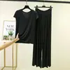 Conjunto Moda Verão Fino Modal Decote V Sem Mangas Calça Casual Cintura Alta com Cordão Perna Larga Tamanho Grande Simples