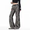 Pantalones acampanados de nuevo estilo, estampado de leopardo pequeño, retro europeo y americano, cintura baja, corte ajustado, cintura elástica, algodón ligeramente elástico, que se ajustan a las caderas, para mujer