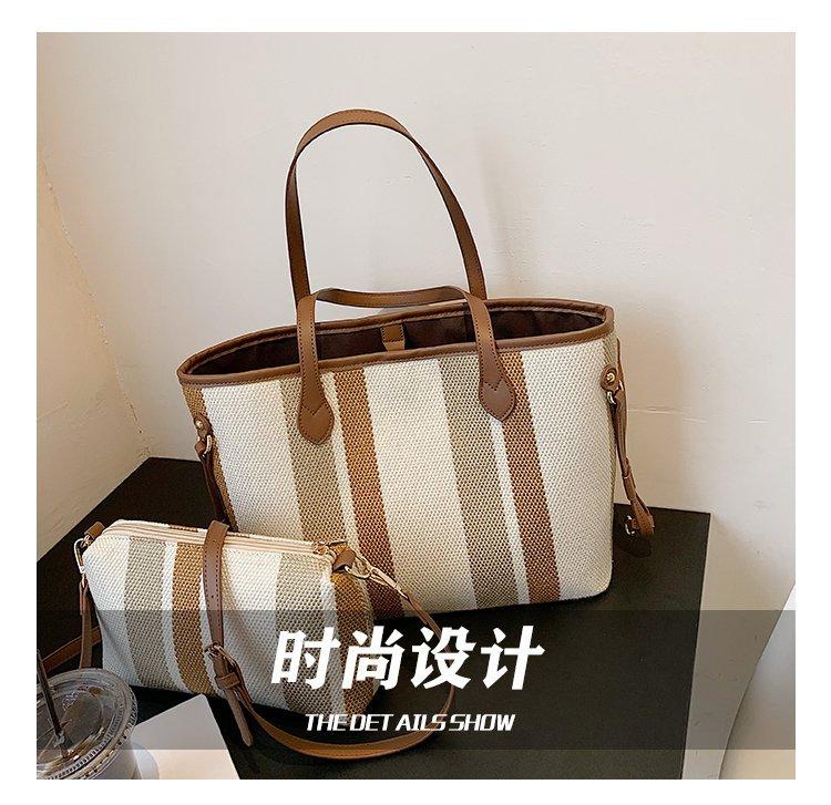 2021通勤单肩大学生上课包包女休闲简约大容量条纹帆布手提托