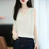 Nuevo Chal de Punto de Lino Irregular con Cuello en V y Perlas Estilo Coreano Color Sólido Simple Versátil Sin Mangas Top para Mujer