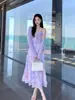 Precio Especial, Sin Devoluciones ni CambiosVerano 2026 Romántico y Elegante~Vestido con Escote en V, Adorno de Volantes, Tirante Diagonal 88651