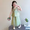 Conjunto Hanfu Tradicional Estilo Chinês para Meninas, Novo Modelo Verão 2026, Colete Estilo Chinês para Meninas, Novo Traje Tang Estilo Chinês Infantil com Calça de Pernas Largas