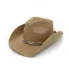 Estilo Étnico Cinturón Clásico Sombrero de Paja de Cowboy para Mujeres y Hombres Sombrero de Sol de Verano Ala Enrollada Sombrero de Paja de Vaquero Occidental Sombrero de Sol