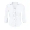 Camisa lujosa y elegante de satén con cuello y cintura ceñida, nuevo modelo de otoño 2026, top adelgazante de manga larga con cuello en U para mujer
