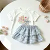 Conjunto de verano para niña estilo coreano, nuevo y moderno, versátil, de dibujos animados, manga corta, dulce, a cuadros, conjunto de dos piezas