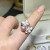 Anillo de Flor de Gota de Aceite de Lujo Entrada Francesa Estilo Perla Morada Anillo Abierto para Dedo Anillo de Perla de Agua Dulce Natural