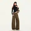 Jeans americanos de pierna ancha para mujer 2026 transfronterizos con doble pretina, pantalones largos casuales marrones y caqui, caqui extendido