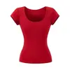 Top sexy de estilo americano con escote profundo en U y manga corta para verano, que acentúa la figura con una cintura ceñida y hombros rectos