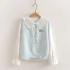 Conjunto de dos piezas para mujer: camisa con cuello de muñeco bordado de hongo estilo caricatura estilo universitario japonés + chaleco de punto 6801