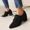 Talla Gruesa 2024 Zapatos Nuevos Zapatos de Cordones Puntiagudos Talla Terciopelo Escarchado Zapatos de Mujer Zapatos de Tacón Medio Primavera y Otoño Comercio Exterior Negro