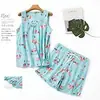 [Dropshipping/Venta al por mayor] Conjunto de pijama de verano para mujer con top de punto de algodón, estampado de dibujos animados, ropa de casa, talla grande