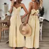 Mono de Amazon Transfronterizo Estilo Europeo y Americano Rayado Cuello en V Lazo en la Espalda Hueco Cintura Alta Pierna Ancha Pantalones de Vacaciones