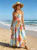 Vestido Bandeau com Flor Tropical Cintura Marcada Vazada Barra Larga Estilo Resort de Praia Sem Mangas Longo Venda por Atacado