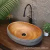 Lavabo de encimera retro con veta de madera sintética, lavabo creativo grande de forma ovalada para balcones de casa de huéspedes