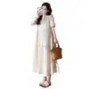 Vestido de Maternidad 2026 Verano Nuevo Estilo Holgado Plisado Cuello Redondo Simple Estilo Artístico Elegante Suave Casual Versátil