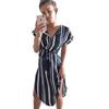 AliExpress eBay Europeu e Americano Novo Vestido Midi Listrado de Manga Curta com Cadarço e Fenda Irregular H172