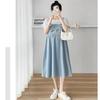 Roupa de Verão para Gestante, Confortável, Fashion, Camiseta Soltinha e Moderna para Mamãe, Saia com Suspensório, Falso Conjunto de Duas Peças, Vestido Novo Estilo Chinês