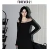 Blusa de Tricô com Strass Hot-Fix Preto Estilo Maduro Forever21 para Mulheres Primavera Pura Desejo Ombro a Ombro Emagrecedora Manga Longa Top Interno