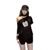 Camiseta de Manga Corta con Estampado de Perro Gris Estilo Chica Caliente para Mujer, Nuevo Top Holgado de Media Manga Off-Shoulder Verano 2026