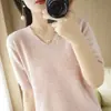Camiseta de Punto de Manga Corta para Mujer 2022 Verano Nueva Llegada Moda Camiseta de Media Manga Estilosa Adelgazante Moda Escote en V Top Básico