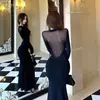 Vestido Longo Preto com Patchwork de Renda Sexy para Mulheres Maduras Outono Inverno Vestido Formal de Banquete Cintura Marcada Abraça os Quadris Cauda de Sereia Longo