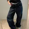 Jeans tingido tie-dye plissado com efeito lascado de gelo vintage americano, calça larga de perna reta solta de alta qualidade