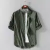 Camisa de lino de verano con cuello mao y manga tres cuartos, camisa casual de color liso de manga media holgada para hombre de talla grande, top casual