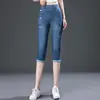 6222 Jeans de Tencel Verão para Mulheres de Meia-Idade, Calça Reta Slim, Cintura Alta, para Mães, Meia-Idade e Idosos, Barra Dobrada, Bordado, Fino
