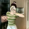 Top de punto fino de bambú y lino con ribete a rayas de nicho de manga corta para mujer, top corto ajustado único