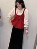 Moda de otoño nueva para mujer chaleco de punto camisa de capas superior falda con dobladillo de terciopelo con volantes conjunto de tres piezas