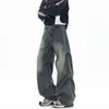 Jeans Sueltos de Pliegues Estilo Americano para Hombre, Tendencia de Primavera y Otoño para Parejas, Moda Urbana Versátil de Pierna Ancha, Pantalones Largos Casuales