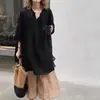 Novo Vestido Camisa Elegante de Linho e Ráfia de Comprimento Médio com Inspiração Zen Estilo Chinês