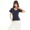 Camiseta Azul de Cuello en V de Manga Corta Estilo Americano para Mujer, Diseño de Verano, Top Deportivo Ajustado de Media Manga