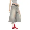 Shorts Jeans de Verão Novo Estilo para Mulheres, Estilo Americano Streetwear, Tingimento Sujo, Design Lavado e Desgastado, Calça Cropped Casual Solta