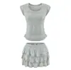 T344-2026 Nuevo Conjunto de Punto de Manga Corta Ajustado Estilo Europeo y Americano + Falda Casual de Niveles Adelgazante