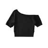 Camiseta Pure Desire de Manga Curta Off-the-Shoulder Top Emagrecedor + Calça Reta de Cintura Alta Conjunto Casual Spicy Girl Feminino