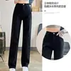Jeans de Perna Reta Feminino Verão Fino Estreito Largo Pequeno Solto Cintura Alta Preto Casual Primavera e Outono