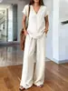 Moda de verano para mujer europea y americana, nuevo estilo casual, cuello en V, holgado, color liso, manga corta, pantalones largos, traje de verano para mujer