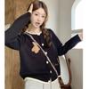Cardigan de Punto Bordado de Oso Lindo Estilo Universitario Color Contrastante para Mujer Otoño Temprano Nuevo Cuello Redondo Holgado Camisa Top