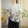 Camiseta Retro de Algodón y Lino Estampada de Manga Corta Talla Grande 2026 para Mujer, Verano Ajuste Holgado para Tallas Grandes, Cubre el Vientre, Adelgazante, Top Elegante
