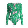 Traje de baño europeo y americano 2024, nuevo traje de surf con estampado verde y cremallera de manga larga para mujer, explosiones transfronterizas